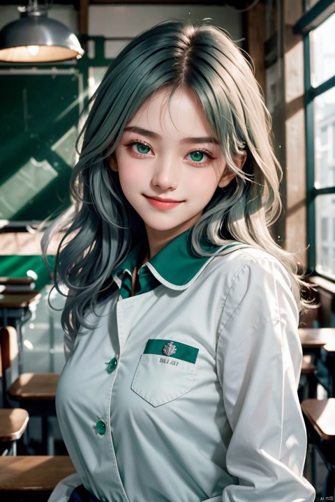  1 girl, solo, silver hair, ***** looks like 10 years old, green eyes, looking at the audience, the best quality, masterpiece, high-level, official art, extremely detailed CG unified 8K wallpaper, sweet smile, healthy and energetic skin tone, big eyes, upper body, in class, JK school uniform