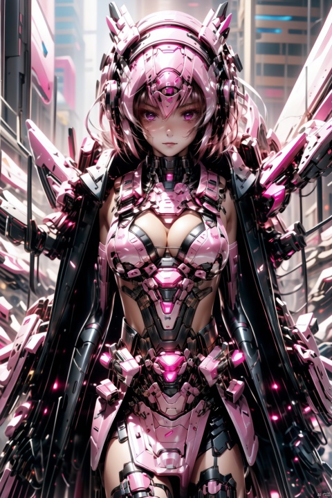  solo,1girl,artist_name,short hair,minato tomoka,(night:1.1),Cleavage,medium_breast,black jacket,
(black microskirt),hair ribbon,camisole,thighhighs,standing,pink eyes,supermark,city, Mecha, Pink Mecha