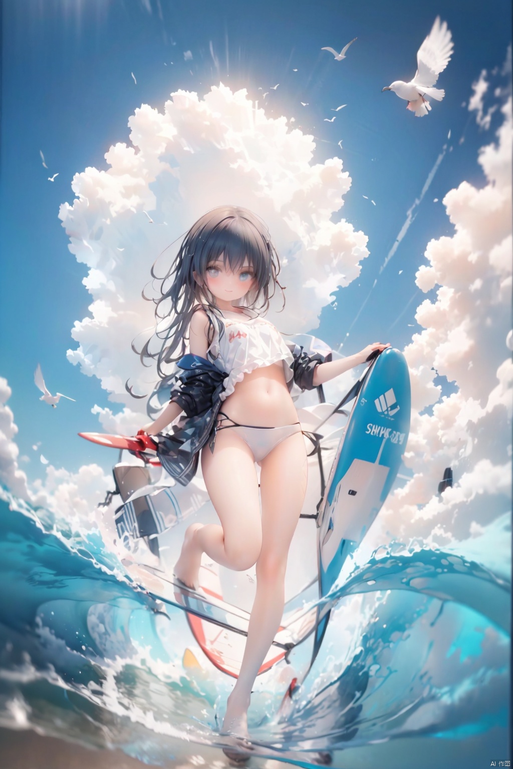  A girl, wide-angle lens, surfing, waves, balance, agility, confidence, smile, ocean atmosphere, sea breeze, seagulls, sense of achievement, galloping, agile, elegant, challenging oneself, wheat color, tight surfing suit, graceful posture, bending down, standing up, natural and smooth, roaring, comfortable, lively and energetic.