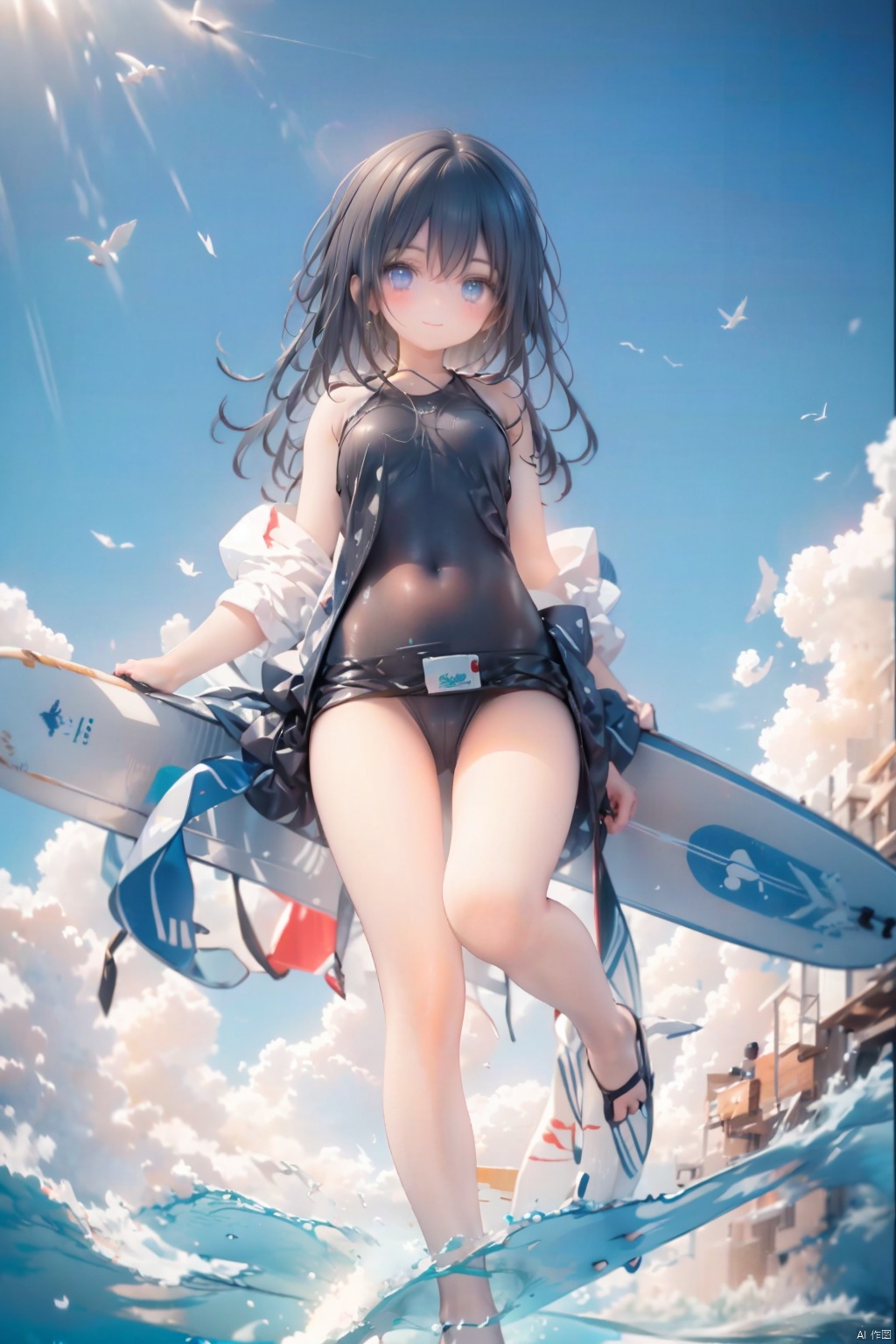  A girl, wide-angle lens, surfing, waves, balance, agility, confidence, smile, ocean atmosphere, sea breeze, seagulls, sense of achievement, galloping, agile, elegant, challenging oneself, wheat color, tight surfing suit, graceful posture, bending down, standing up, natural and smooth, roaring, comfortable, lively and energetic.
