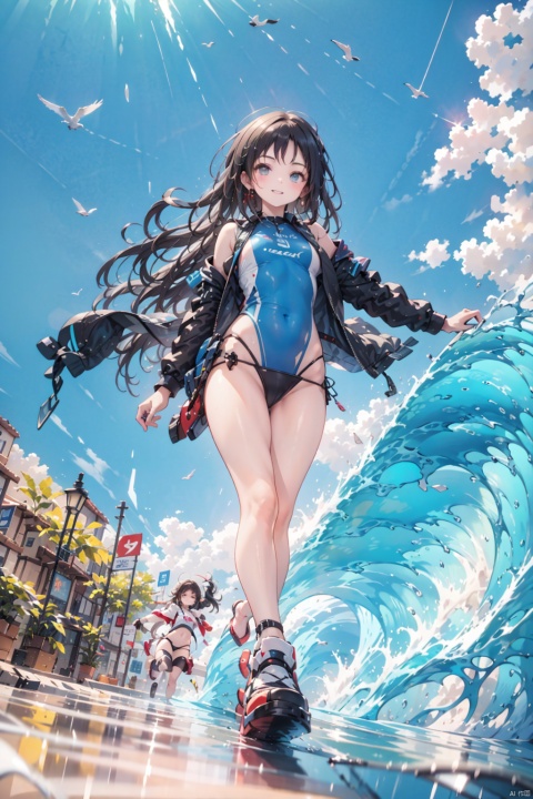  A girl, wide-angle lens, surfing, waves, balance, agility, confidence, smile, ocean atmosphere, sea breeze, seagulls, sense of achievement, galloping, agile, elegant, challenging oneself, wheat color, tight surfing suit, graceful posture, bending down, standing up, natural and smooth, roaring, comfortable, lively and energetic., 4349, background, BY MOONCRYPTOWOW, 1girl