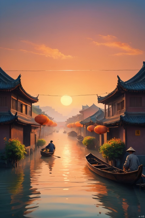 guofeng, an iconic symbol of China's natural landscape, fishermen cast their nets across the river, captured in the evocative style of a soft orange sunset. The narrow alley to the right offers a glimpse of a peaceful garden filled with bright flowers. Ultra HD, 8K, rich details,. 3D rendering, symmetrical composition, ultra-high definition, wide-angle lens, ink style, full of tension, detailed background, double exposure, masterpieces, professional works of art, famous works of art