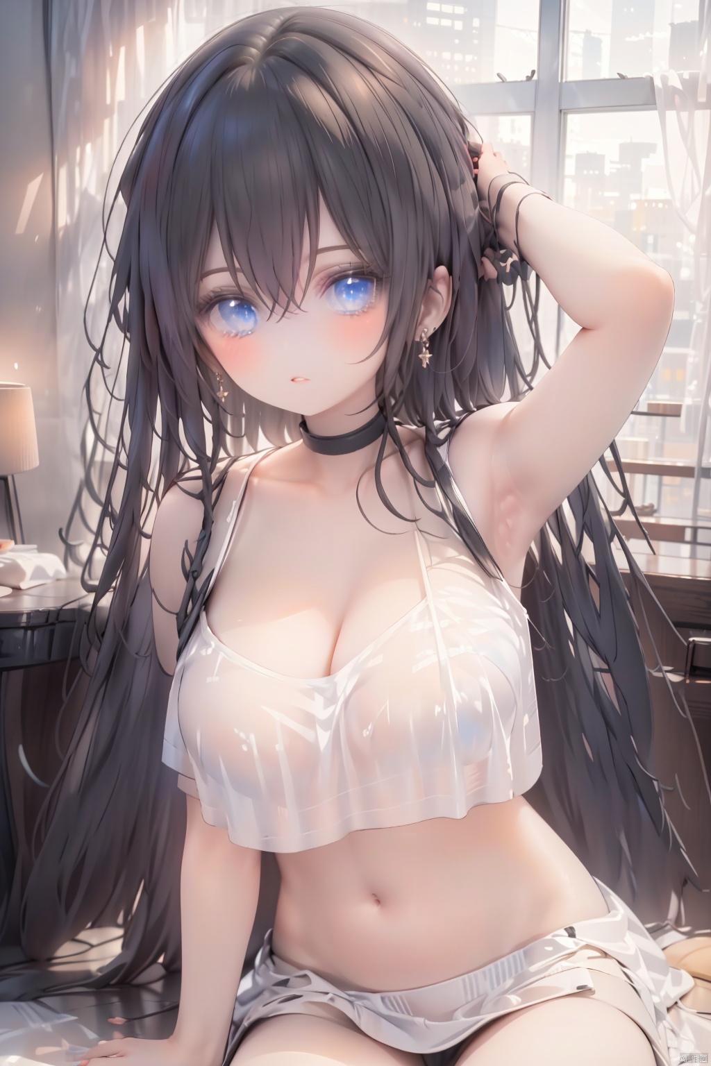 masterpiece,best quality,game cg,
hotel room,window,cityscape,curtains,(yellow theme:1.1),
1girl,huge breasts,navel,solo,sitting,very long hair,black hair,red lips,revealing clothes,arm up,arm behind head,bare shoulders,tiara,jewelry,earrings,blue eyes,cleavage,upper body,see-through,
