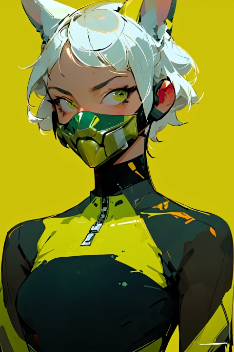  A girl with short hair, big eyes, delicate facial features, magazine pose, trend, cool, fluorescent green background, green color scheme, illustrations ,Urban techwear, mask, Slightmuscle, HTTP, Larme Kei3, MinimalistPoster, mt,mt_helmet,mt_jacket,Rabbit ears,mt_Short sleeve, fenhong, 1girl, Yi na si, yinyou,yinyou color