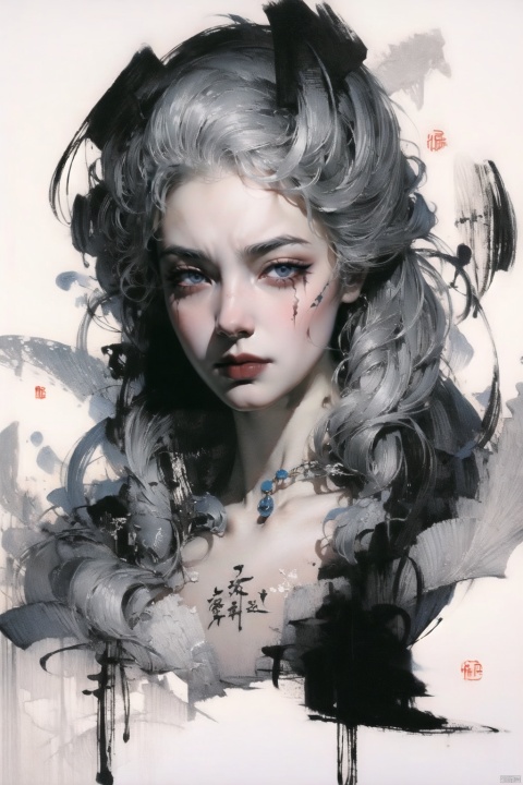  (dramatic, gritty, intense:1.4),masterpiece, best quality,8k, insane details,hyper quality,ultra detailed, Masterpiece,(calligraphy:1.4),(ether colorful ink flowing:1.3),1girl,A shot with tension,white hair,exposed collarbone,sideways,Simple background, Ink scattering_Chinese style,yjmonochrome,Ink and wash style, fenhong, 1girl, Gothic