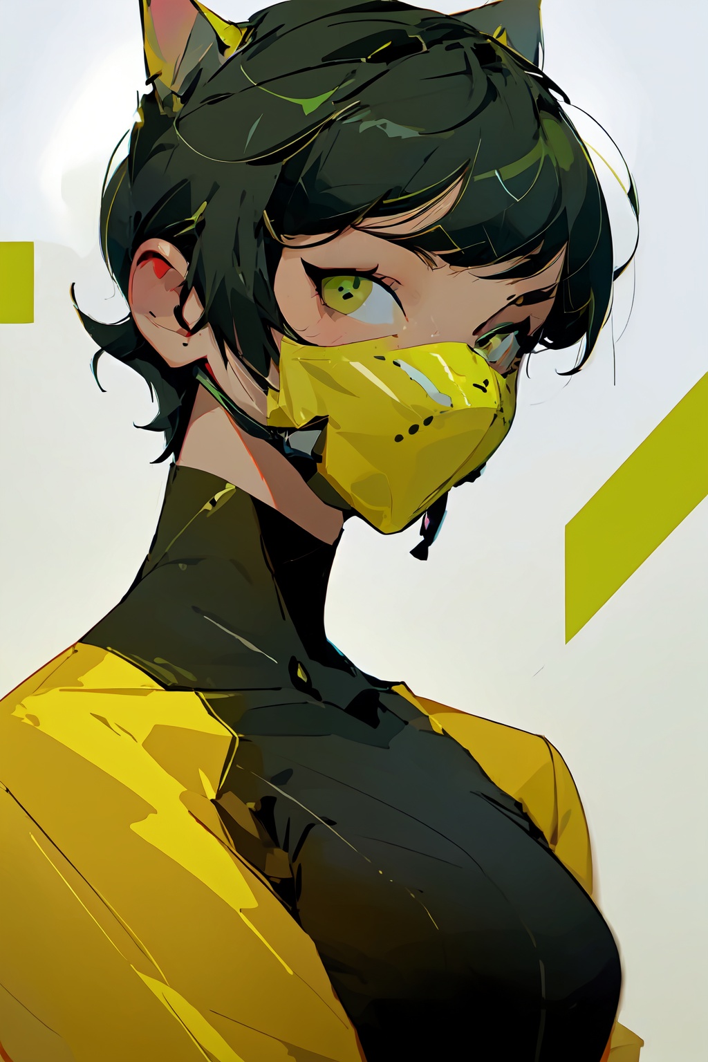  A girl with short hair, big eyes, delicate facial features, magazine pose, trend, cool, fluorescent green background, green color scheme, illustrations ,Urban techwear, mask, Slightmuscle, HTTP, Larme Kei3, MinimalistPoster, mt,mt_helmet,mt_jacket,Rabbit ears,mt_Short sleeve, fenhong, 1girl, Yi na si, yinyou,yinyou color