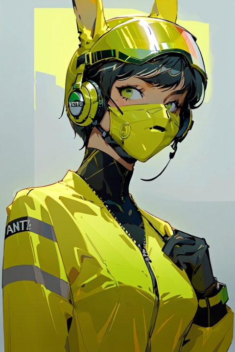  A girl with short hair, big eyes, delicate facial features, magazine pose, trend, cool, fluorescent green background, green color scheme, illustrations ,Urban techwear, mask, Slightmuscle, HTTP, Larme Kei3, MinimalistPoster, mt,mt_helmet,mt_jacket,Rabbit ears,mt_Short sleeve, fenhong, 1girl, Yi na si, yinyou,yinyou color