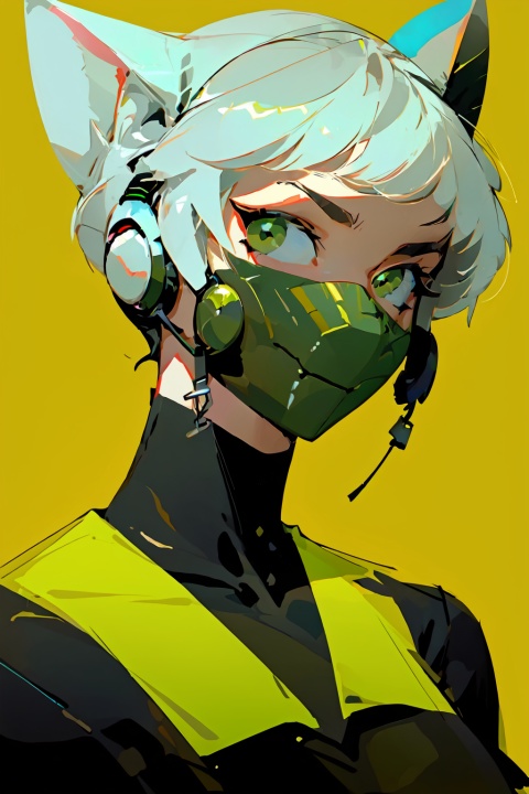  A girl with short hair, big eyes, delicate facial features, magazine pose, trend, cool, fluorescent green background, green color scheme, illustrations ,Urban techwear, mask, Slightmuscle, HTTP, Larme Kei3, MinimalistPoster, mt,mt_helmet,mt_jacket,Rabbit ears,mt_Short sleeve, fenhong, 1girl, Yi na si, yinyou,yinyou color