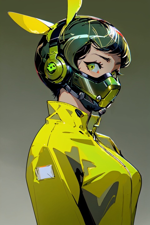  A girl with short hair, big eyes, delicate facial features, magazine pose, trend, cool, fluorescent green background, green color scheme, illustrations ,Urban techwear, mask, Slightmuscle, HTTP, Larme Kei3, MinimalistPoster, mt,mt_helmet,mt_jacket,Rabbit ears,mt_Short sleeve, fenhong, 1girl, Yi na si, yinyou,yinyou color