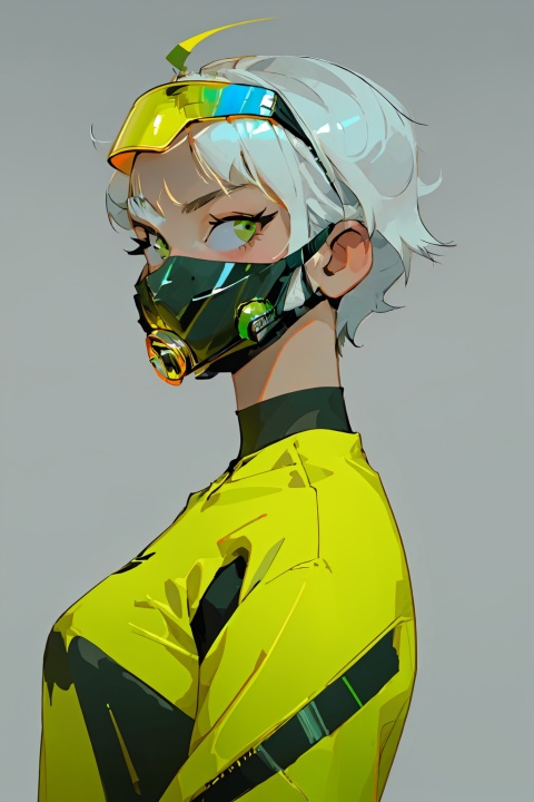  A girl with short hair, big eyes, delicate facial features, magazine pose, trend, cool, fluorescent green background, green color scheme, illustrations ,Urban techwear, mask, Slightmuscle, HTTP, Larme Kei3, MinimalistPoster, mt,mt_helmet,mt_jacket,Rabbit ears,mt_Short sleeve, fenhong, 1girl, Yi na si, yinyou,yinyou color