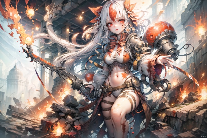 1 girl, fine detail, depth of field, extremely detailed CG uniform 8k wallpaper, masterpiece, full body, (loli), (white hair), red striped hair, red eyes, (full body), red hair, ((with sword)) , angry face, (beautiful detail eyes), blood drops, blood mist, floating hair, shafts of light, soft focus, character focus, messy hair, long bangs, hair between eyes, looking at viewer, low hanging hair, floating, blood splatter, long hair, (blood stains)