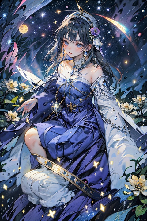 Masterpiece, high quality, 8K, a woman in a white dress holding a clock and a flower tree, the background is stars, the sky has stars, constellations, new moon, earth \(planet \), flowers, galaxies, light particles, moon, night, night sky, planets, meteors, sky, space, sparkling, stars \(sky \), stars \(symbol \), starry sky, starry sky print, white flowers,