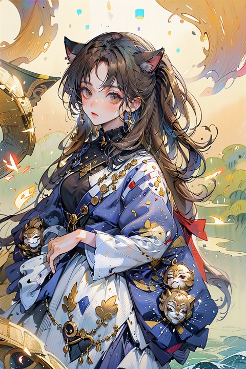 Masterpiece, high quality, 8K, Masterpiece, high quality, 8K, painting of a woman, a cat on her head, a cat on her shoulder, flying on a boat, 1 girl, brown hair, fox mask, long hair, mask, mask on her head, solo, very long hair,