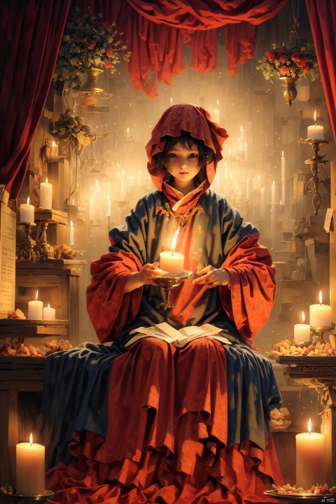  Masterpiece, High Quality,1girl, multiple girls, black hair, dress, holding, 2girls, sitting, food, indoors, hood, wide sleeves, book, fire, curtains, box, gift, doll, candle, candlestand, candlelight