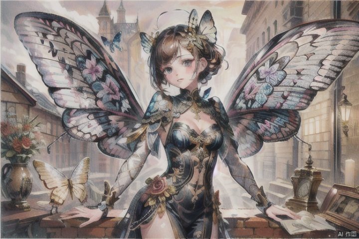 High quality, masterpiece, girl with butterfly wings, intricate texture, vintage