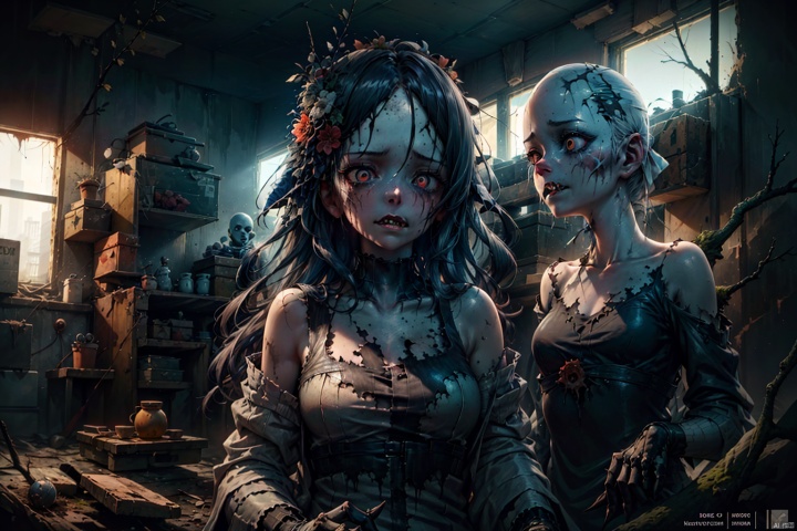  Masterpiece, high quality, 8K,1girl, A girl with pale skin, hollow eyes, sharp long teeth, and pitch black lips. Her body has cracks and broken and decaying details, her hair is messy and mixed with withered yellow branches and spider webs. She is wearing an old and worn-out white dress, with long and sharp nails on her palms. In an abandoned shack, the walls are faded and dilapidated, and the corners are piled up with dust and spider webs. Some candles will scatter on the ground, emitting a faint blue and white light, dim lighting, cast shadows, broken furniture and graffiti, monster statues, cinematic lighting effects, depth of field, horror style, showcasing their terrifying and eerie qualities through deep tones and terrifying details, silent pleading, and unsettling charm

