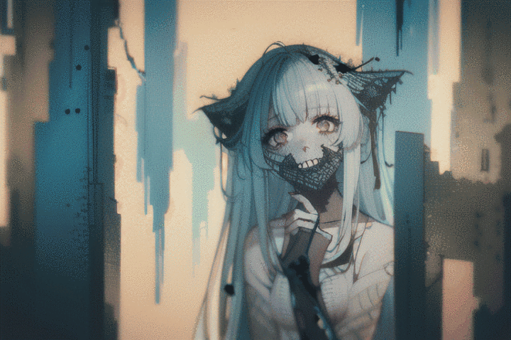 A decrepit 8K masterpiece: In a dingy abandoned shack, a pale-skinned girl with hollow eyes, sharp teeth, and pitch-black lips sits amidst a backdrop of decaying beauty. Her cracked and broken flesh is juxtaposed against the worn- out white dress, as if sewn together by spider webs. Flickering candles cast eerie shadows on the faded walls, where monster statues lurk, their presence amplified by the dim blue-white light. Her sharp nails grip her palms in a silent plea for help, amidst a sea of dust and decay. The camera captures this unsettling scene with deep tones, emphasizing the girl's terrifying charm.