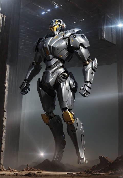 Masterpiece, high-quality, 8K, 1boy (full body metal mech), streamlined design, high-strength metal armor, (((black and silver metal texture))), smooth and sturdy shell, surface embedded with LED lights, equipped with high-energy laser emitters on both arms, and display screens on the chest and arms of the mech,







, shanhaijing,mecha, mecha_robot, wasteland