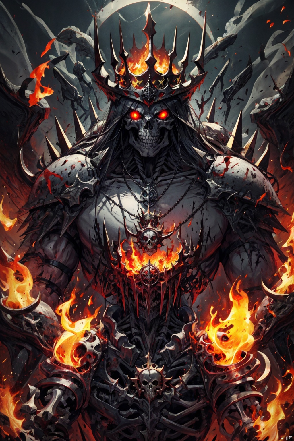  Masterpiece, high detail, 8K, high-definition, Skeleton King, muscular lines, prominent skeletal structure, black armor composed of bones and metal, raised spikes and notches, huge battle axe decorated with bones and metal, burning red eyes, adorned with pendants and necklaces, crown set with precious gemstones, surrounded by special effects of burning flames and dark energy, cinematic lighting, depth of field, overall in red and black tones, with eye-catching yellow accents

, horror (theme)