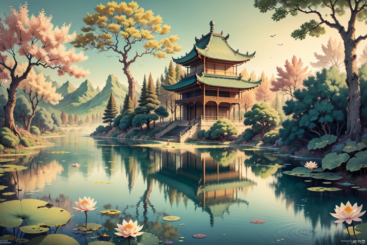 In the hot summer, the green trees are shaded, and the thick branches and leaves block the blazing sunshine, bringing people a cool place. The reflections of the towers and pavilions are reflected in the pond, like beautiful pictures, which makes people intoxicated. In the pond, the lotus flowers are in full bloom and stand gracefully, like fairies descending to earth and dancing gracefully.