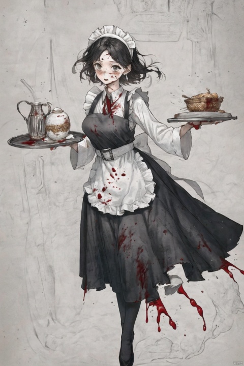 Masterpiece, high quality, 8K,solo, 1girl, solo, short hair, simple background, black hair, long sleeves, white background, dress, holding, jewelry, earrings, hand up, apron, black dress, collar, grey eyes, maid, maid headdress, blood, piercing, ear piercing, white apron, maid apron, tray, blood on face, blood on clothes, holding tray, blood on hands, belt collar, guro
