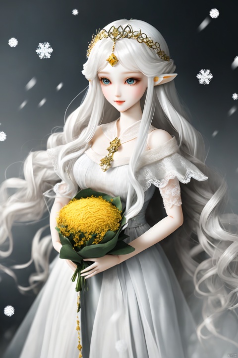 A golden rice field stretches out, with a peculiar rice doll standing tall. Her long hair, as white as snow, gently sways in the breeze, resembling the silken threads of a fairy's gown. Her eyes, like freshly spilled blood, exude an air of mystery and enchantment. Dressed in simple linen attire, she radiates an otherworldly aura. Her porcelain-like face, smooth to the touch, invites fingertips to linger. A subtle upward curve on her lips suggests a gentle smile, instilling warmth and serenity.