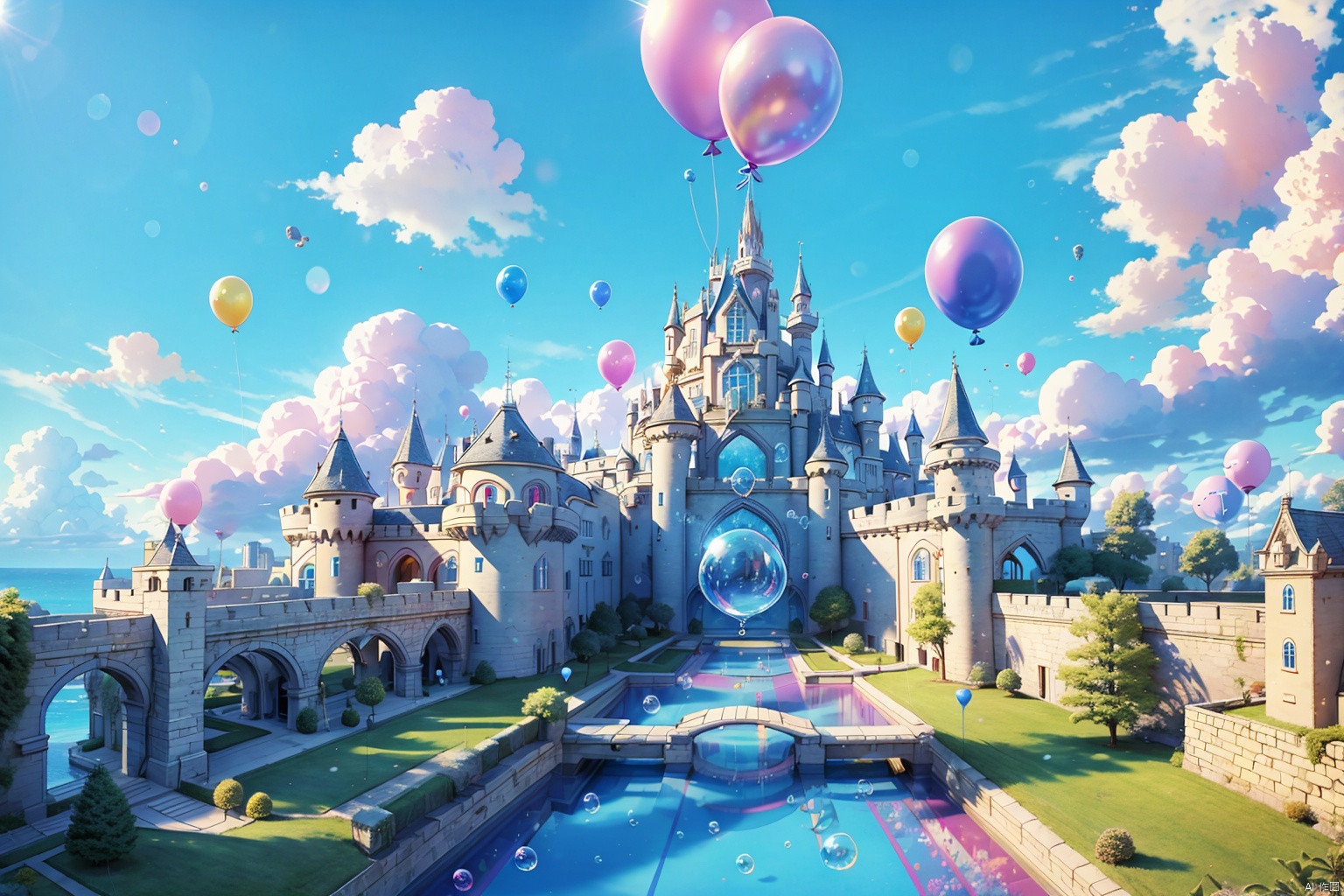a cartoon scene of a castle surrounded by balloons and a pathway leading to it with a castle in the distance, ball, balloon, blue sky, bubble, bubble blowing, cloud, cloudy sky, day, lens flare, outdoors, scenery, sky, sun