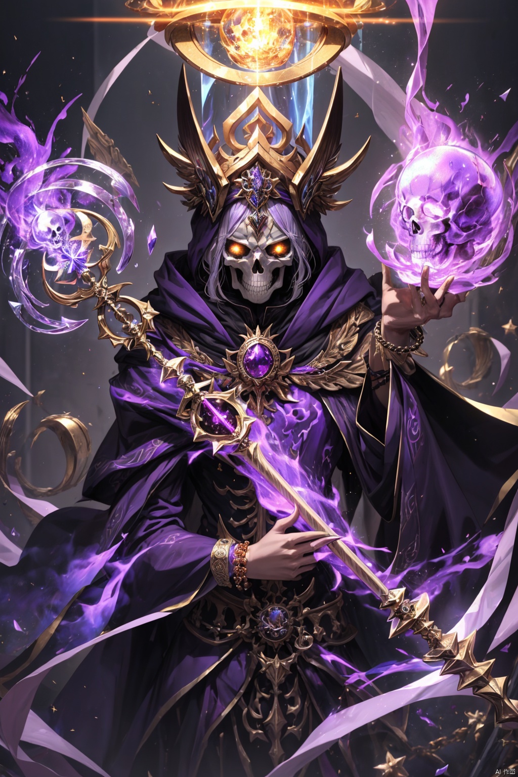  Masterpiece, high detail, 8K, high-definition, Skeleton mage, with a rugged skull outline, a towering forehead, a high nose bridge, and purple magic sparkling pupils. Two purple flames hover behind him, a black robe covered in golden purple magic runes, a magic wand inlaid with purple gemstones, adorned with metal decorations such as bracelets and pendants, cinematic lighting effects, depth of field, and blue purple tones

