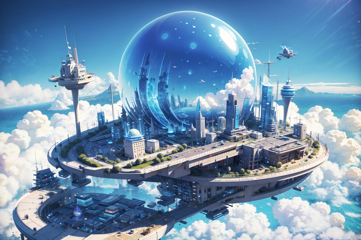 FantacyWorld,(cities floating in the sky:1.2),high in the clouds,precision mechanical device,air vehicle,environmental concept art,mystery,cg scene design,3D,large scene,epic feeling,strong contrast between light and dark,dreamy,, Realistic style, 3D rendering, architectural photography, masterclass work, high quality, ultra-high details, 8K, HD