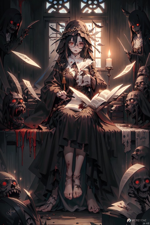  Masterpiece, High Quality,1girl, solo, long hair, breasts, black hair, dress, holding, sitting, weapon, glasses, barefoot, sword, black dress, fingernails, book, blood, feathers, black nails, veil, nun, quill, black lips, horror (theme)