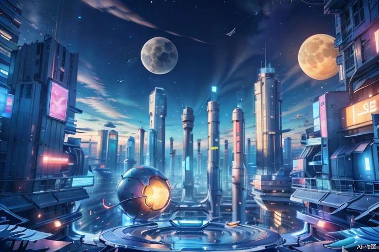 The image is an illustration of a science fiction city. The city is built on a distant planet and is surrounded by a forest of glowing mushrooms. There are several buildings in the city, all of which are made of a strange, metallic material. The city is lit by a large, blue moon.