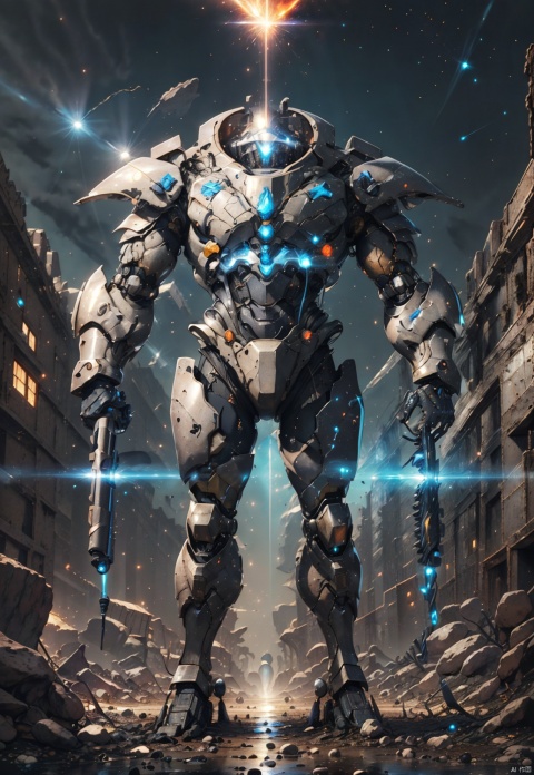 Masterpiece, high-quality, 8K, 1boy, streamlined design, high-strength metal armor, black and silver metal texture, complex patterns. Complex mechanical structure, blue energy light emitting from the chest, glowing special effects, complex arms, high-energy laser emitter on the arms,








, shanhaijing,mecha, mecha_robot, wasteland, lolsplashart, 1Man