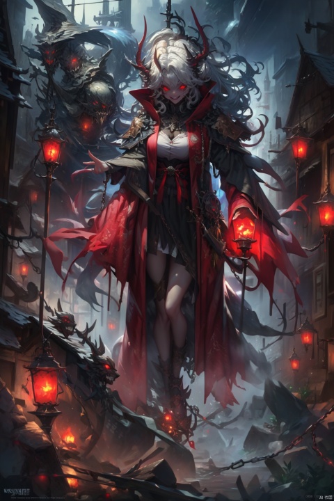 (masterpiece, best quality, highres, high resolution:1.2), extremely detailed, intricate details, 1girl, solo, looking at viewer,  krampus2023, evil grin, glowing eyes, horns, chains, red cloak, (cinematic lighting, bloom, volumetric),