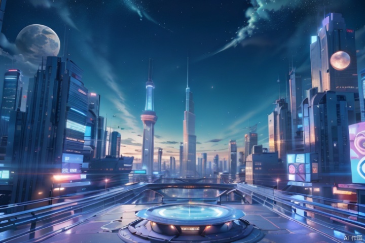 The image shows a futuristic city with a large, domed building in the center. The moon is large and blue-green. The building is made of metal and glass, with intricate details and glowing lights. It is surrounded by smaller buildings, also made of metal and glass. The city is built on a desert planet, with rocky outcroppings and sparse vegetation. There are no people v