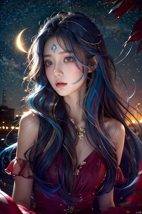 {{best quality}}, {{masterpiece}}, {{ultra-detailed}}, {illustration}, {detailed light}, {an extremely delicate and beautiful}, a girl, {beautiful detailed eyes}, stars in the eyes, messy floating hair, colored inner hair, Starry sky adorns hair, depth of field, 1girl