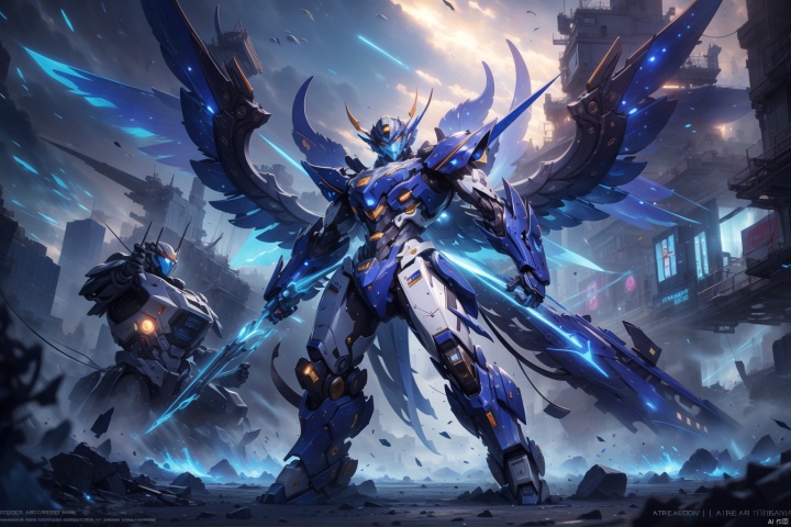A blue mecha, glowing blue eyes, blue pistol, galaxy, mechanical sense of refinement, details, mecha wings, elegance, blue mecha, glowing blue eyes, land, mechanical sense of refinement, details, Mecha wings, elegant, trees, hands and feet, angular, sharp edges, huge, strong wind, hazy, mecha eyes glowing blue, blue mecha, glowing blue eyes, sky, mechanical and delicate, 8k portrait of beautiful, intricate, elegant, highly detailed, majestic, digital photography, art by artgerm and ruan jia and greg rutkowski, (masterpiece, sidelighting, finely detailed beautiful eyes: 1.2), hdr, detailed background