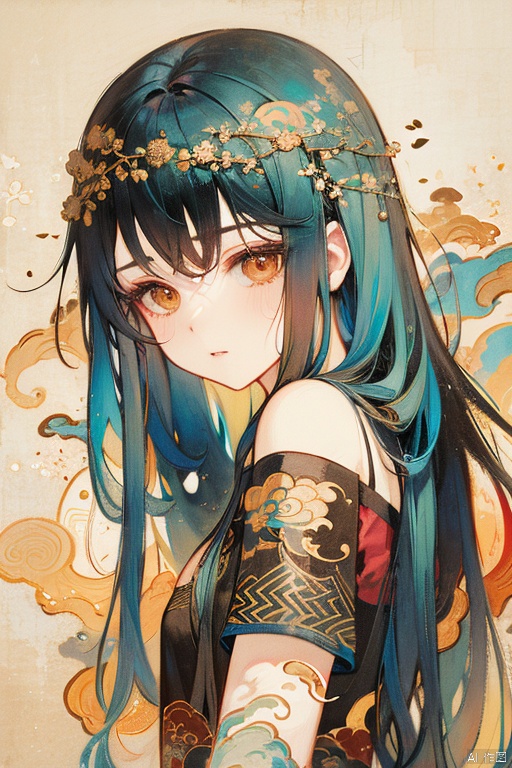 Fantasy Chinese style illustration,A female figure,with her hair cleverly blending with the elements of fire and water,creating a unique visual effect. The woman's facial expression is calm and focused,as if gazing into the distance or deep within herself. Her hair transitions from blue to orange,echoing the colors of fire. The color transition in the picture is very natural,giving a sense of both warmth and coolness. Additionally,the background of the picture is a light yellow,making the subject stand out even more. Overall,this painting conveys a mysterious and dreamy atmosphere.