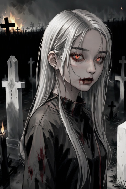 1 girl, white hair, red eyes, indifferent, facing the audience, ((cemetery background)), orange fire, blood, skull, torch, grave, ghost, light effect, illustration, thick line, horror (theme),Unreal