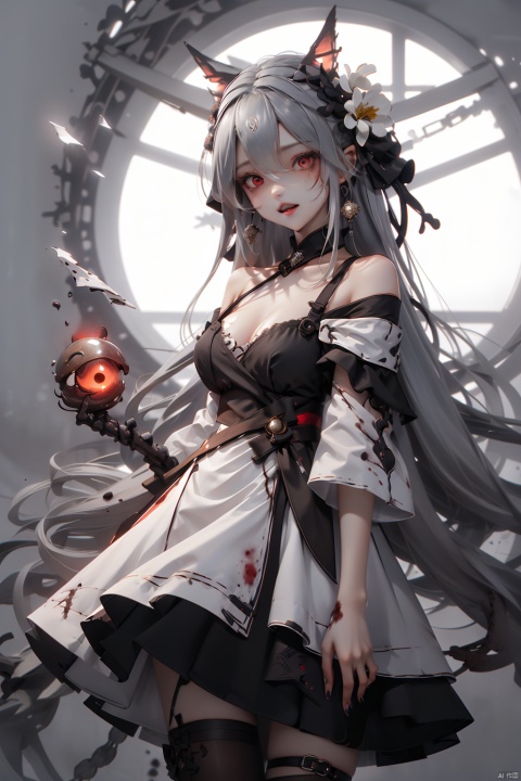  Masterpiece, High Quality,1girl, solo, long hair, looking at viewer, open mouth, bangs, hair ornament, red eyes, white background, dress, bare shoulders, very long hair, collarbone, upper body, flower, grey hair, teeth, hair flower, off shoulder, official alternate costume, blood, off-shoulder dress, skadi \(arknights\), skadi the corrupting heart \(arknights\)