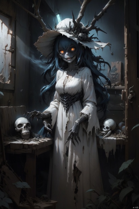  Masterpiece, high quality, 8K,1girl,A girl with pale skin, hollow eyes, sharp long teeth, and pitch black lips. Her body has cracks and broken and decaying details, her hair is messy and mixed with withered yellow branches and spider webs. She is wearing an old and worn-out white dress, with long and sharp nails on her palms. In an abandoned shack, the walls are faded and dilapidated, and the corners are piled up with dust and spider webs. Some candles will scatter on the ground, emitting a faint blue and white light, dim lighting, cast shadows, broken furniture and graffiti, monster statues, cinematic lighting effects, depth of field, horror style, showcasing their terrifying and eerie qualities through deep tones and terrifying details, silent pleading, and unsettling charm

