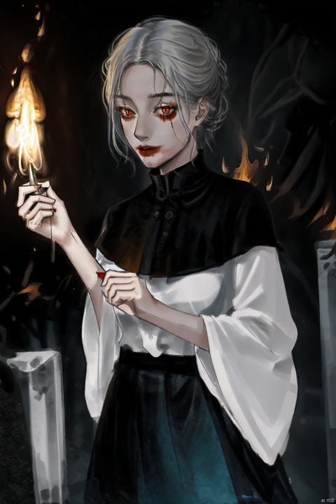 1 girl, white hair, red eyes, indifferent, facing the audience, cemetery background, dark background, orange fire, blood, skull, torch, grave, ghost, light effect, illustration, thick line, horror (theme)