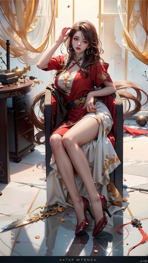  1 girl, solo, female focus, (Chinese dress) and red lips, bangs, earrings, kimono, Chinese cardigan, printed cloth, tassel, hand-held samurai knife.(Chinese dragon)
 (Masterpiece), (Very Detailed CGUnity 8K Wallpaper), Best Quality, High Resolution Illustrations, Stunning, Highlights, (Best Lighting, Best Shadows, A Very Delicate And Beautiful), (Enhanced) ·, long