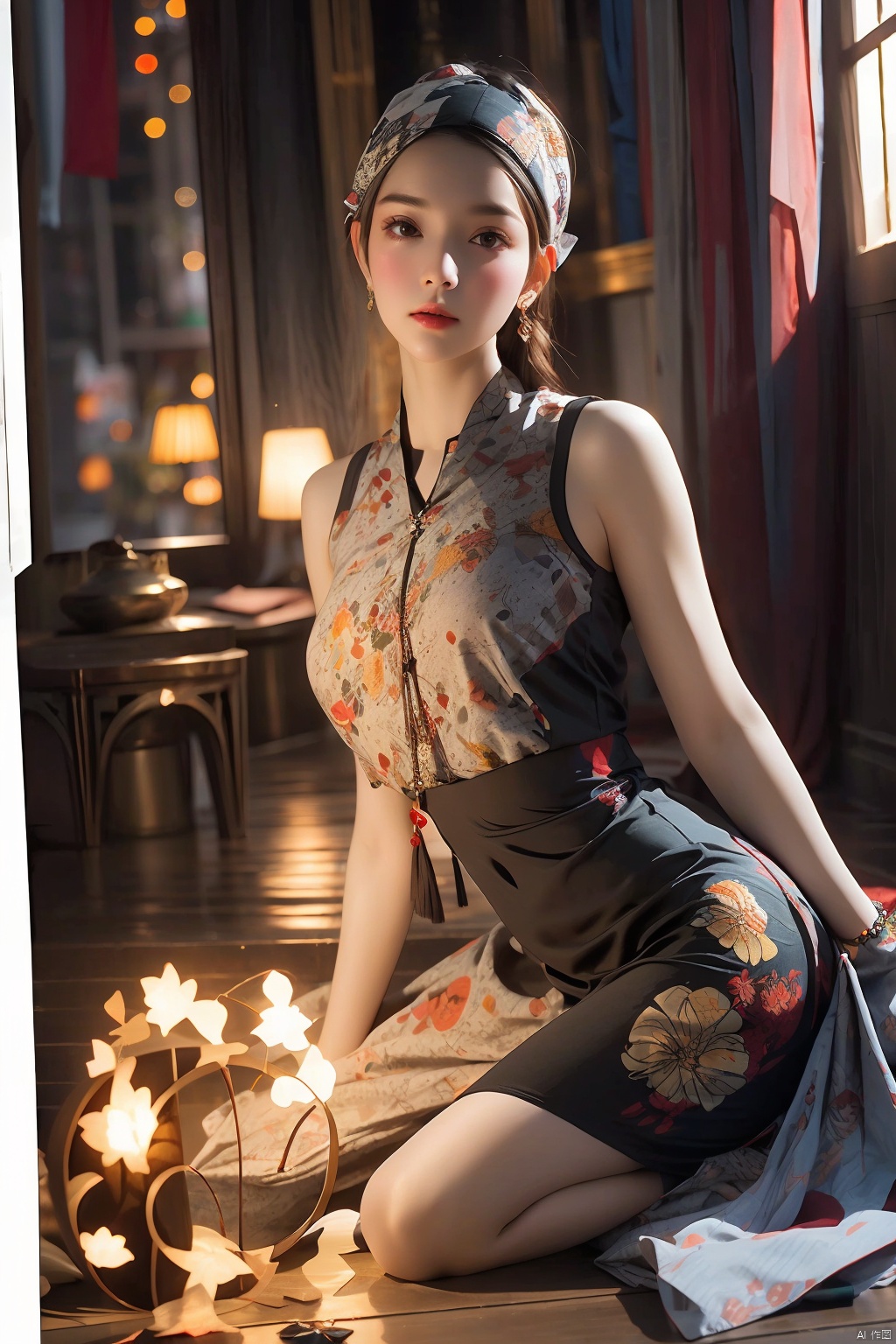  Wide angle lens, masterpiece, top quality, best quality, official art, beauty and aesthetics, bustling streets, festive atmosphere, fireworks, 1 girl, ten thousand family lights, blooming, (Bohemia print top: 1.4), (upper body close-up: 1.2), female focus, detailed portrait photos, looking back,