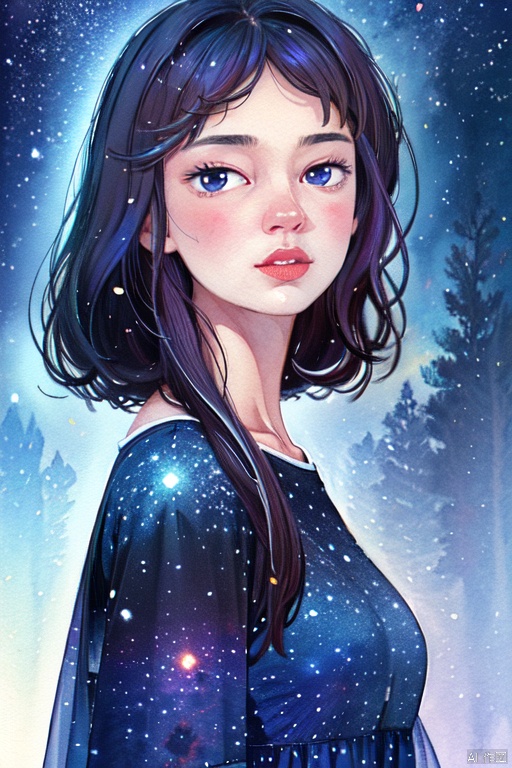 Vector illustration style, (best quality,4k,8k,highres,masterpiece:1.2),ultra-detailed,(realistic,photorealistic,photo-realistic:1.37),Starry night sky,(galaxy,nebula,celestial:1.2),shimmering stars,glistening moon,(beautiful,serene landscape:1.1),reflective lake,night blooming flowers,silhouette of mountains,(enchanting,whimsical:1.1),vivid blues and purples,soft ambient lighting,tranquil setting,mystical atmosphere,ethereal quality,dreamlike scenery,solitary figure gazing at stars,flowing dress,detailed facial features,expressive eyes,long hair gently swaying,star gazing,isolated on hilltop,peaceful night,clear visibility of celestial bodies,natural beauty,harmonious composition
