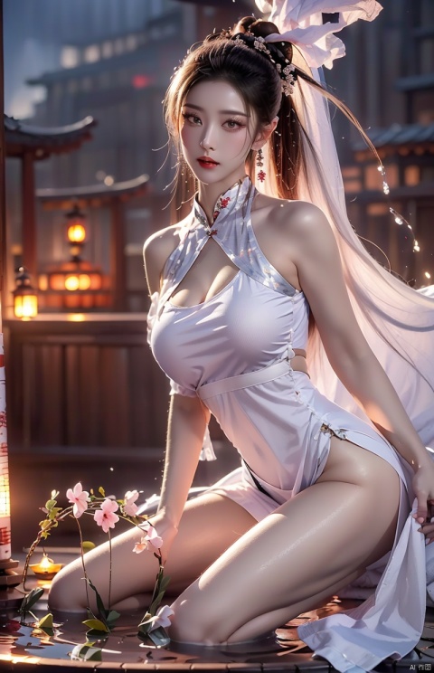  High quality, masterpiece, cinematic texture, Chinese elements, 1 girl bathing in the pool, (wrapped in a gauze: 1.2),white hair,(with a large amount of water vapor on the surface: 1.5), (hot spring), lantern, night,Song style Hanfu,smog,8K Ultra HD, clear and bright image quality, highly refined, extremely fine, chang