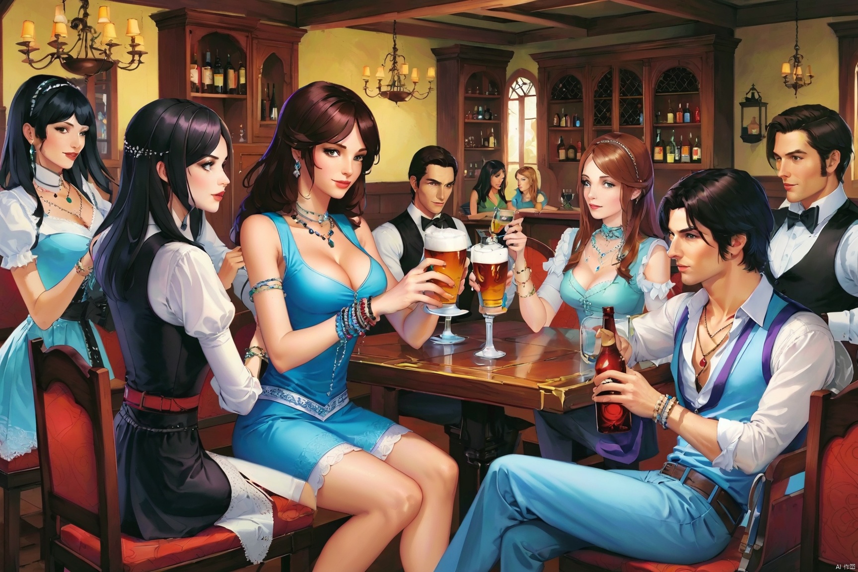 1girl, breasts, multiple girls, large breasts, brown hair, shirt, black hair, 1boy, dress, cleavage, jewelry, sitting, hetero, multiple boys, penis, pants, indoors, looking at another, bracelet, cup, blue dress, bottle, alcohol, drinking glass,