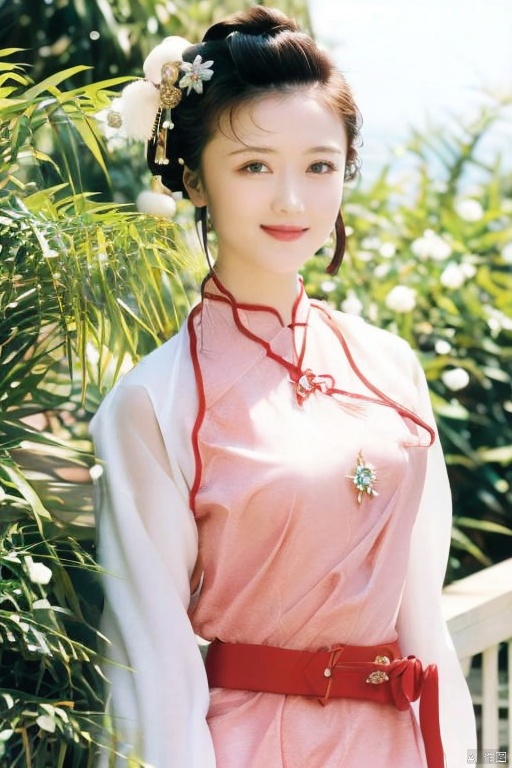  Ancient noblewoman,
Regal hairstyle featuring a golden bun and a decorative hairpin with glittering jewels.
big Beaded necklace,
Red fitted hanfu, lime green waist belt ,rose jade pendant is attached to the belt.

Spring-like complexion, subtle smile, authoritative presence..