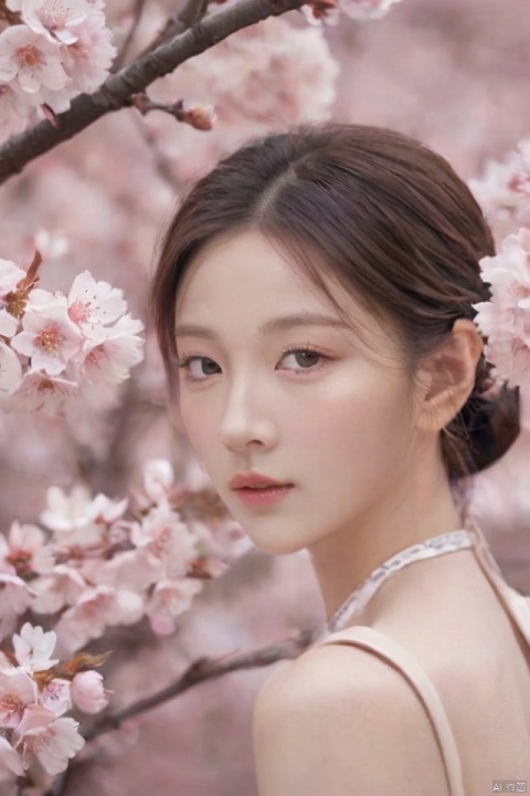  Create an artwork with a backdrop of blooming cherry blossoms in spring splendor, and in the foreground, depict a graceful woman , her expression serene, as she admires the delicate beauty of the cherry blossoms.