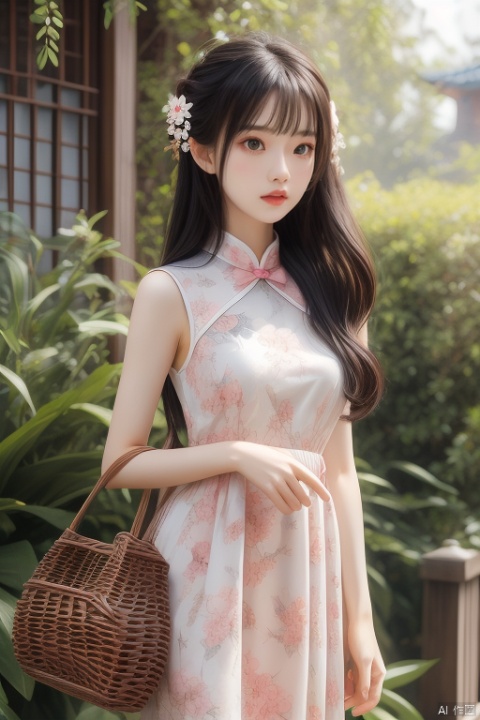 the spring goddes with wicker and yulan magnolia cross the girl dress. the sun is shining her