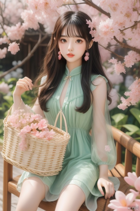 the spring goddes with wicker and pink Yulan magnolia cross the girl dress. the sun is shining her. , wunv, lvshui-green dress, Purity Portait